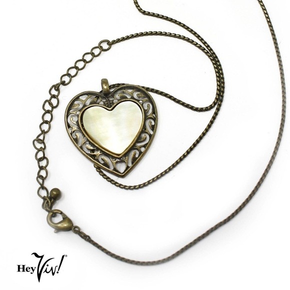 Vintage Gold Iridescent Shell Ornate Heart Pendant Necklace 20" Chain - Hey Viv - Picture 1 of 6